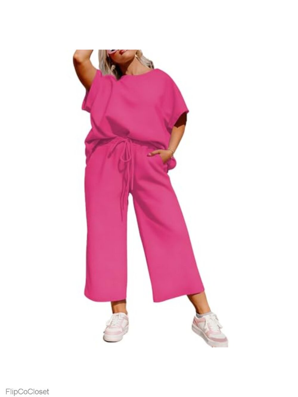 Plus Size 2 Piece Sweatsuit Set Short Sleeve Top & Wide Leg Crop Pants